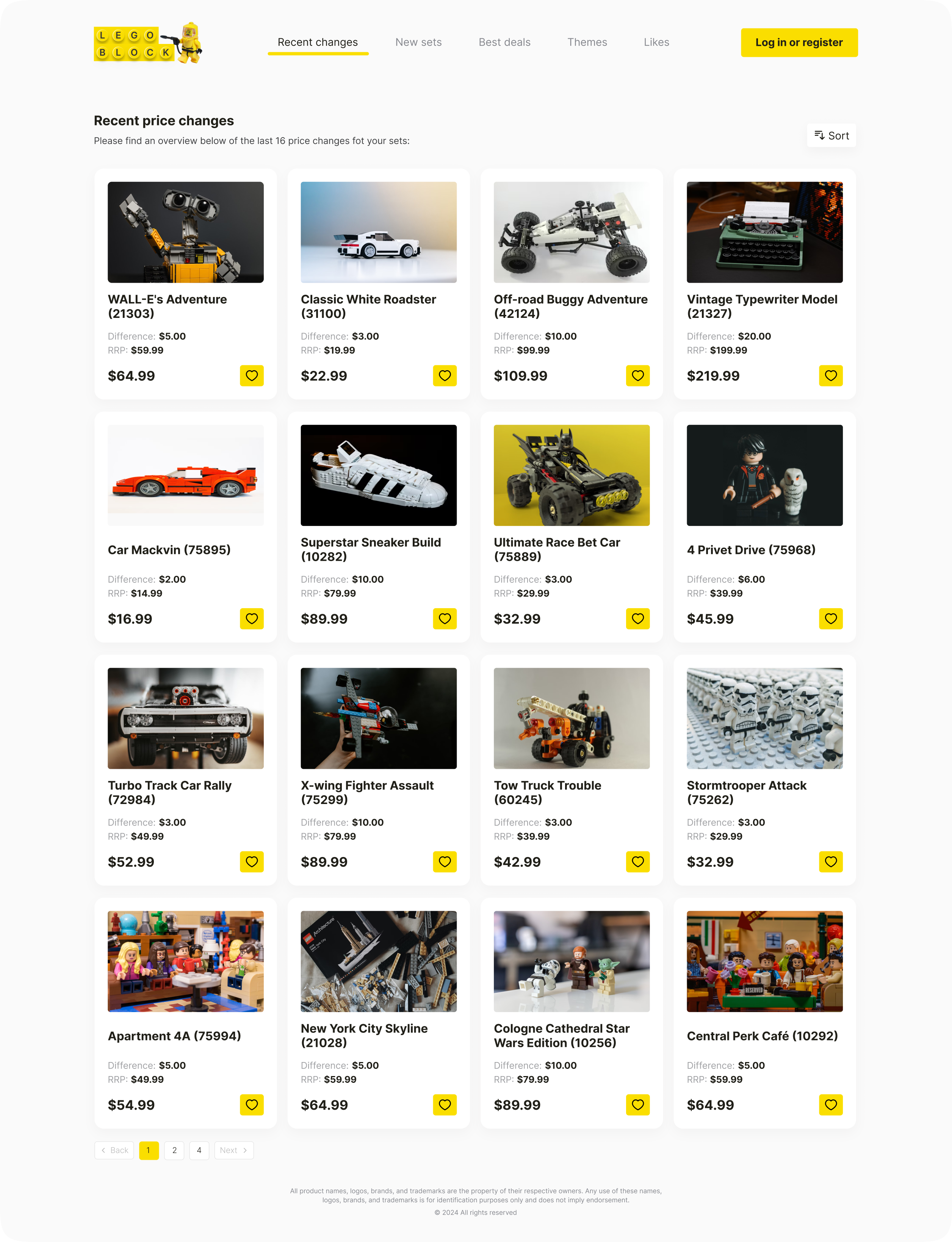 Recent Changes grid of sets with price movements
